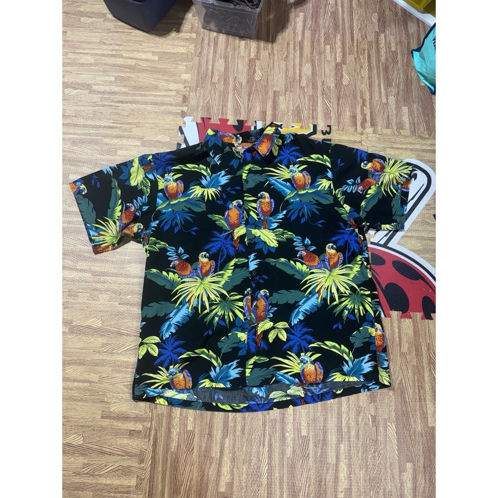 RJC Hawaiian Shirt Men's 3XL Black Parrot Tropical Aloha Button Up Made in USA